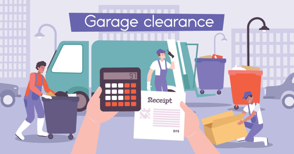 Illustration of a garage clearance scene with workers, a truck, waste bins, and a receipt.