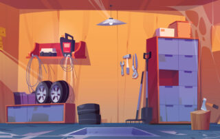 Illustration of a tidy garage interior with tools, tires, and storage cabinets.