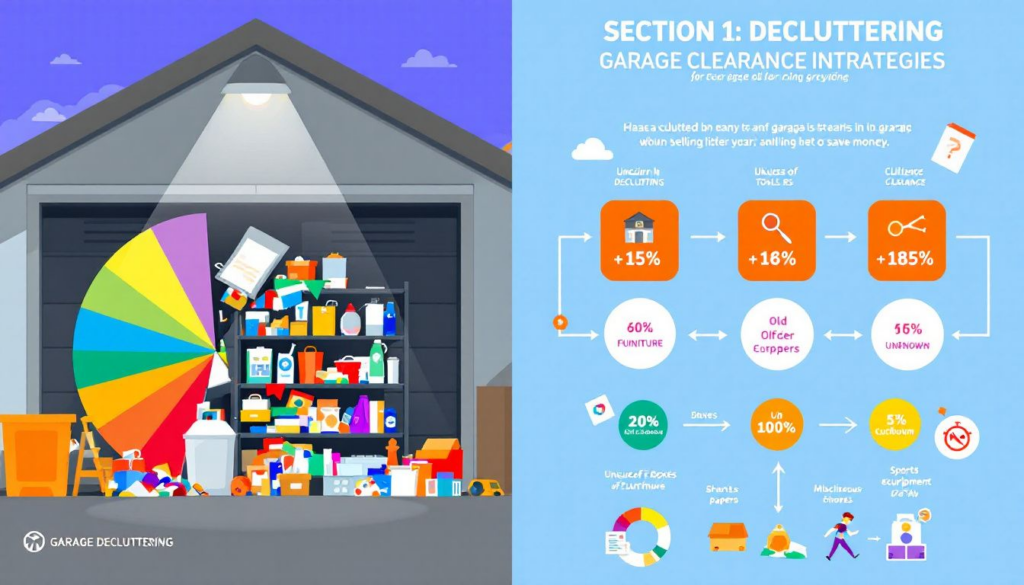 Illustration of an overflowing garage beside a decluttering strategy infographic with statistics.