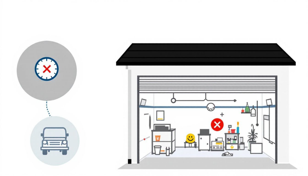 Illustration of a cluttered garage with items marked correctly and incorrectly placed.