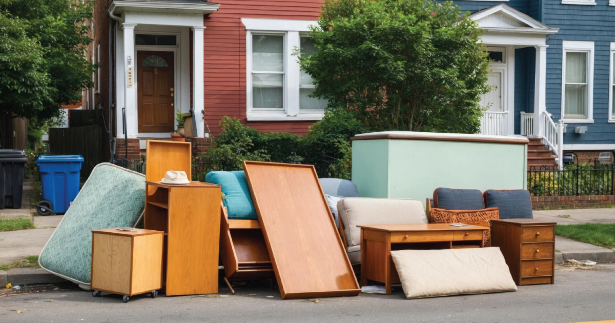 A pile of discarded furniture, including mattresses and wooden tables, sits on the sidewalk in front of a colorful residential street.