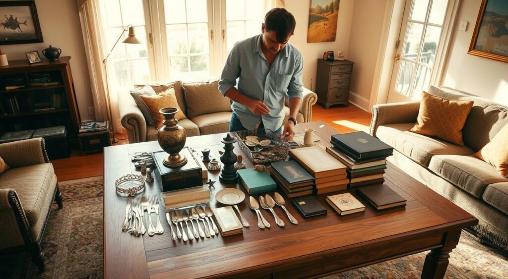 A person examines an array of vintage items, including silverware and books, on a wooden table in a warm, inviting living room.