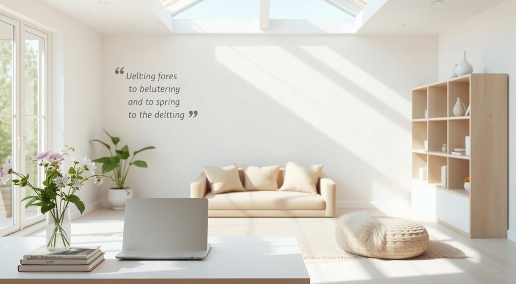 A bright, modern living room featuring a cozy sofa, potted plants, a laptop on a desk with a spring cleaning checklist open on the screen, and a cryptic quote on the wall.
