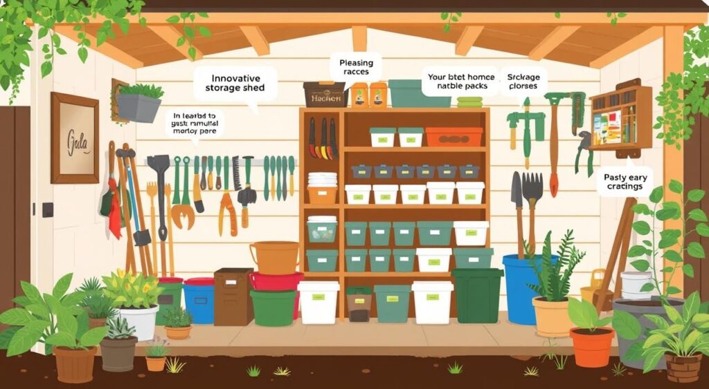 A colorful garden shed interior, featuring tools, storage bins, plants, and labeled sections for organized gardening supplies.