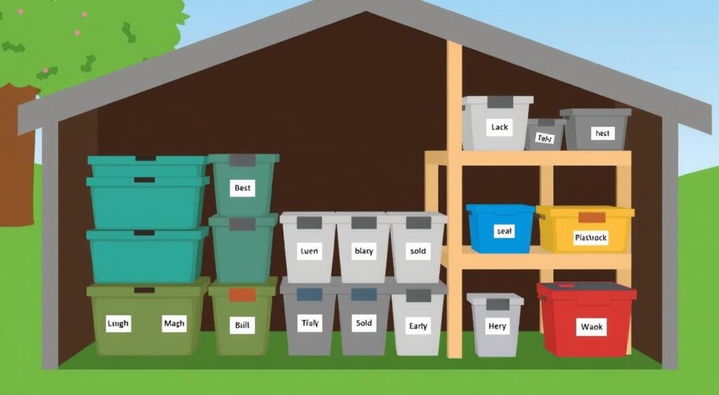 An organized shed interior with labeled storage bins in various colors, displaying contents like 'Best,' 'Luen,' and 'Seal.'