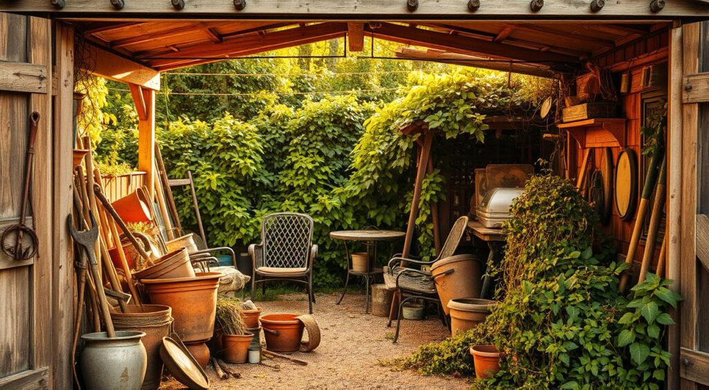 A rustic outdoor shed entrance filled with gardening tools, potted plants, and chairs, surrounded by lush green foliage.