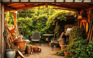 A rustic outdoor shed entrance filled with gardening tools, potted plants, and chairs, surrounded by lush green foliage.