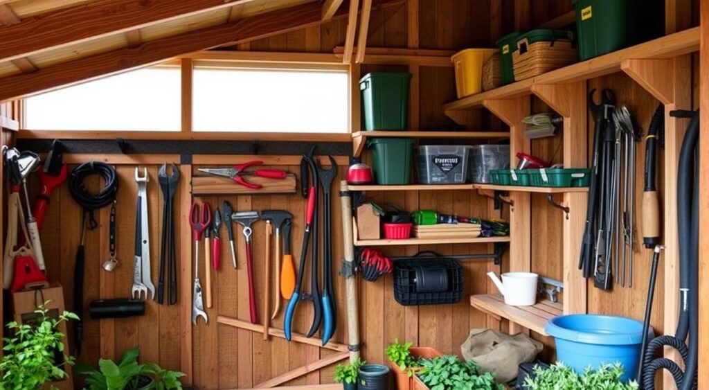 A well-organized garden shed featuring various tools, pots, and storage bins neatly arranged on wooden shelves.