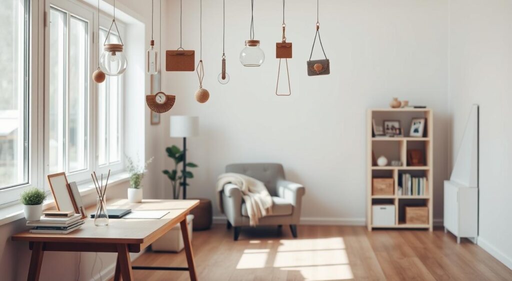 A bright, modern living space featuring a wooden desk, hanging decor, a cozy chair, and a bookshelf against a light-colored wall.