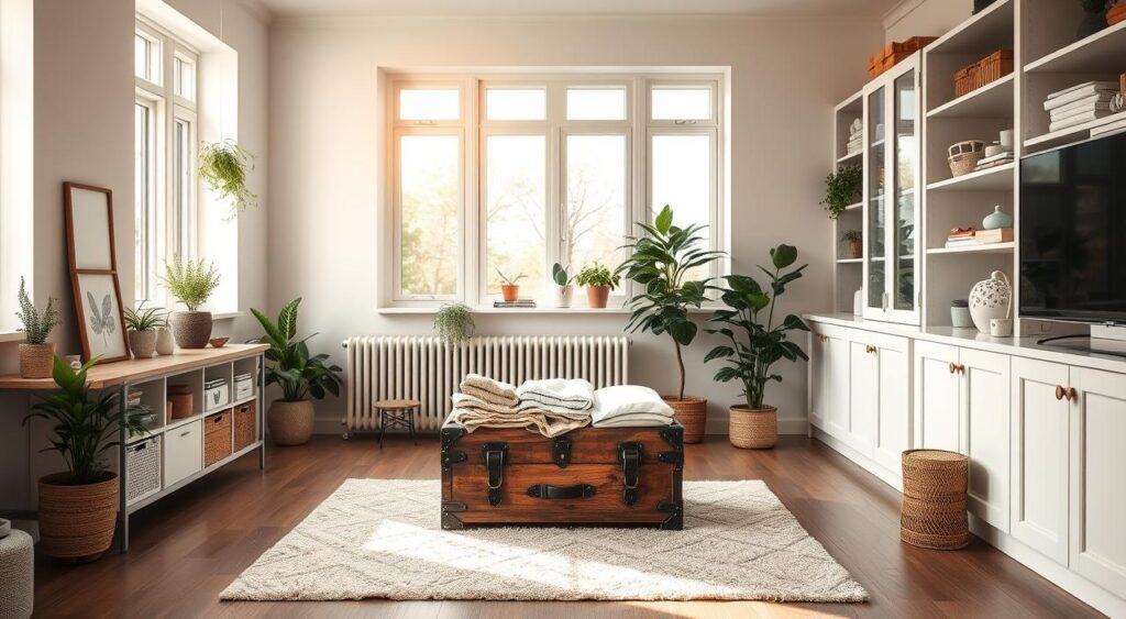 Bright living room with indoor plants and vintage trunk used for spring home decluttering