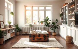Bright living room with indoor plants and vintage trunk used for spring home decluttering