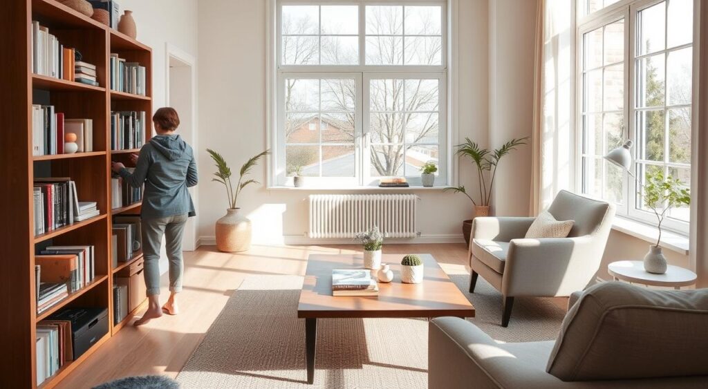 Woman organising bookshelf in minimalist sunlit living room during spring house clearance